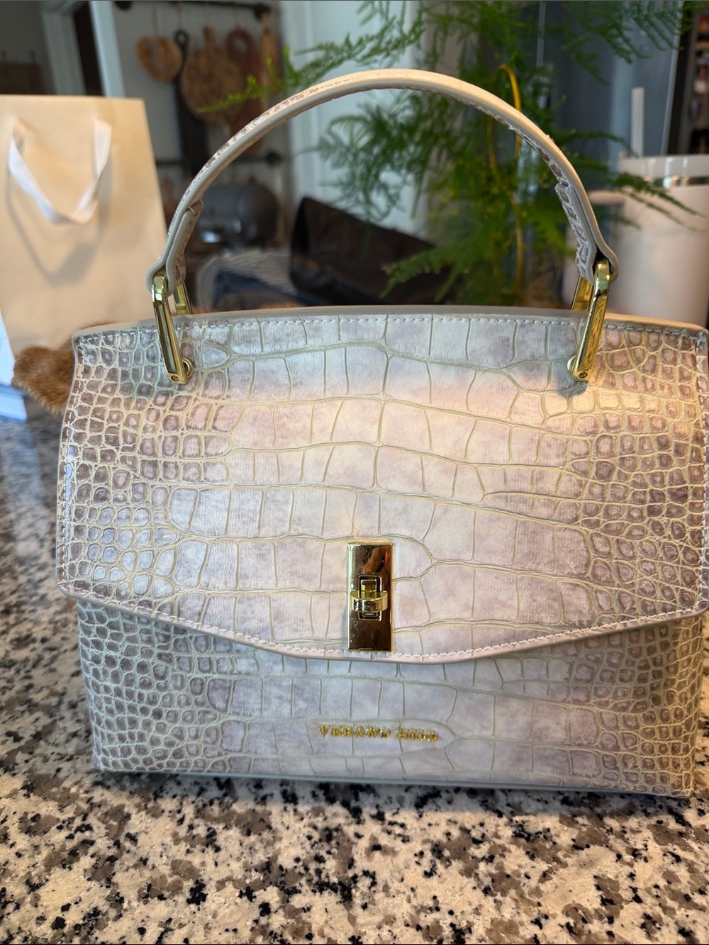 BRAND NEW!  Croc-Embossed Top Handle Satchel in OFF WHITE with Gold Hardware